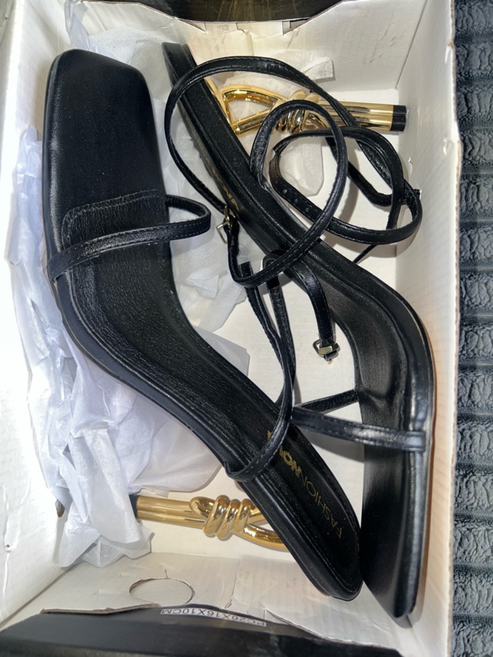 Fashion Nova Black Strappy Heels with Gold Knot Accent